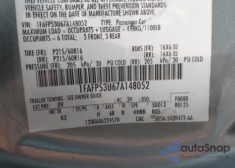 2007 Ford Taurus Se from USA, damaged, VIN 1FAFP53U67A148052